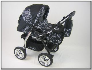 Luxus Kombi Kinderwagen Milo Neue Modell WM005 Schwarz  weiße Blumen