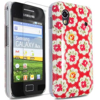 RED FLOWER HARD SHELL CASE COVER FOR SAMSUNG GALAXY ACE S5830 + SCREEN