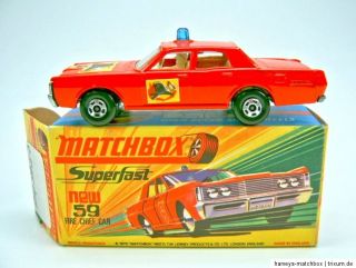 Matchbox Superfast Nr.59B Mercury Fire Chief Car top Box