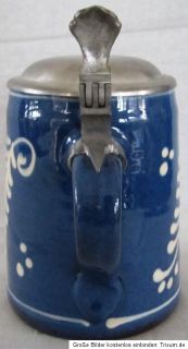 alter Bier Krug Bierkrug Ton Keramik mit Zinndeckel blau mit weiß