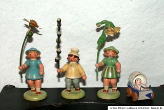 alte BLUMENKINDER + 1 Puppenwagen   Erzgebirge Miniaturen um 1950