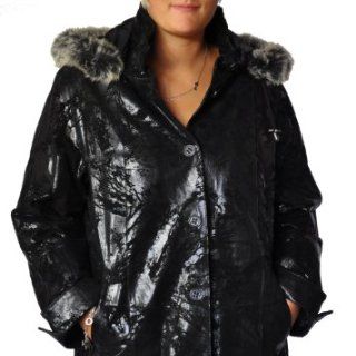 Damen Ledermantel schwarz mit Kapuze Prägedesign in den Größen 38