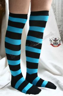 Punk Turquoise Aqua Blue WIDE Stripe Over Knee Stocking