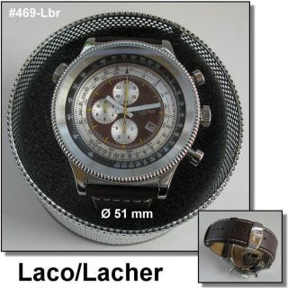 Herrenuhr 51mm Chronograph Laco/Lacher Fliegeruhr BRAUN Leder #469 Lbr