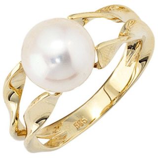 Damenring Ring Goldring mit Perle, 585 Gold Gelbgold, schlicht, für