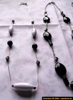 lange Kette Schwarz / Weiß / Silber   Kunststoff Perlen