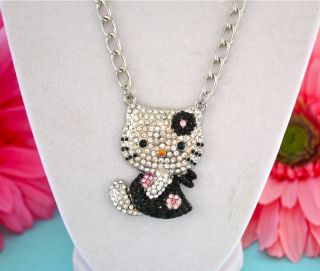 Large PRETTY BLACK CRYSTAL HELLO KITTY NECKLACE ☆☆