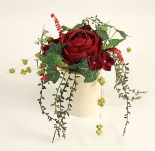 Rosengesteck 22cm dunkelrot DP im dekorativen Hochtopf Kunstblumen