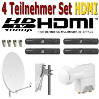 Digitale 80cm Sat Anlage 4 Teilnehmer 4 x HDMI Receiver + HD LNB + 8