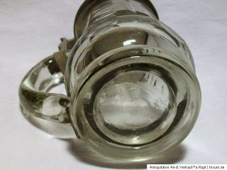 Uralt Glas Krug Bierkrug Glaskrug mit Zinn Porzellan Deckel um 1900