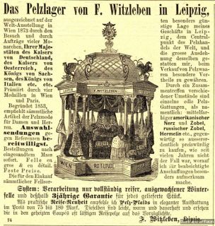 Pelze Witzleben Leipzig Original Reklame von 1875 Pelz Weltausstellung