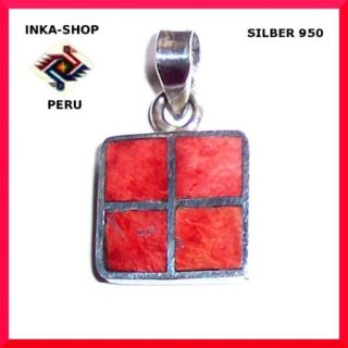  SHOP PERU Quadrat. Anhänger mit Spondylus rot, Silber 950