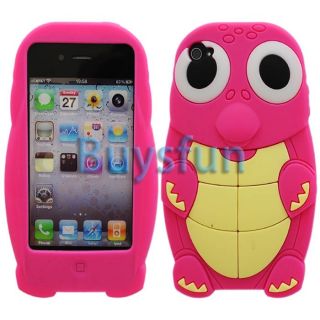 Hot Pink Cute Large Eyes Turtle Silicone Cover Case For Apple iPhone 4