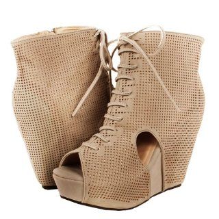 Zena21 Perforated Wedge Ankle Boots LT TAN Shoes