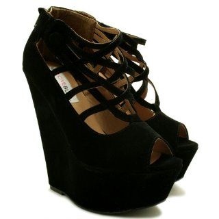 Style Wedge Heel Platform Strappy Shoe Sandals Black US Sz 7 Shoes