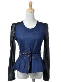 Anna Kaci S/M Fit Blue Denim Body and Faux Leather Sleeve