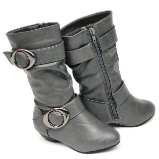  Girls Low Heel Ruched Mid Calf Riding Boots PU Gray , 3 Shoes
