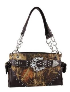 Forest Camouflage Purse with Brown Trim and Ornate Buckle