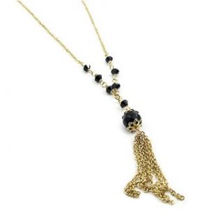 Gold Black Crystal Tassel Necklace Made with Swarovski
