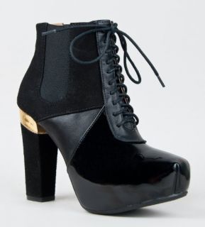 Gold Accent Chunky High Heel Lace Up Platform Ankle Bootie Boot Shoes