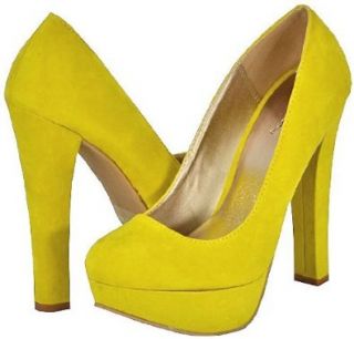 Qupid Marc 01 Yellow Faux Suede Women Platform Pumps, 5.5 M US Shoes