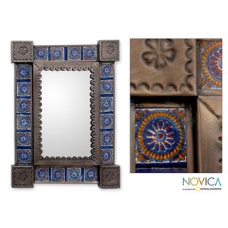 Handcrafted Tin and Ceramic Colonial Blue Wall Mirror (Mexico
