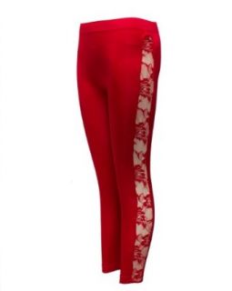 Ladies Red Leggings Sheer Floral Designed Sides Clothing