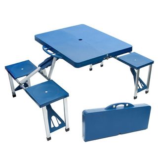 Portable Blue Folding Picnic Table with Seating for Four