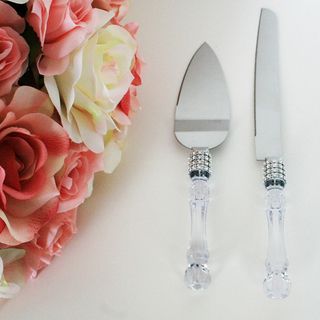 Wedding Party Cake Knife Server Set with Faux Crystal Handle and