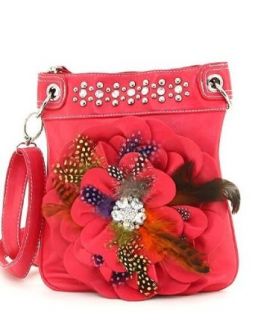 Red Raised Flower Rhinestone & Feathers Hipster Purse