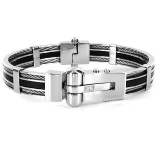 Stainless Steel Mens Cubic Zirconia and Cable Inlay Bracelet