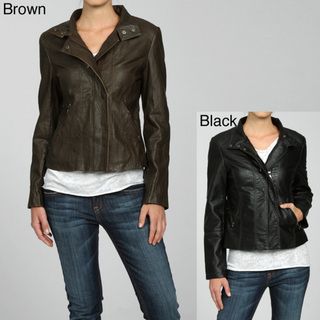 Collezione Womens Faux Leather Crinkle Moto Jacket
