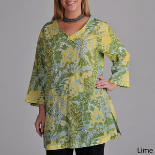 La Cera Womens Plus Floral Cropped Sleeve Tunic Top