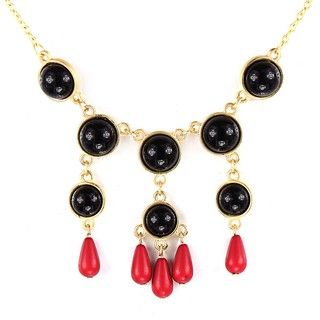 Goldtone Black and Red Faux Stone Bead Drop Bib Necklace