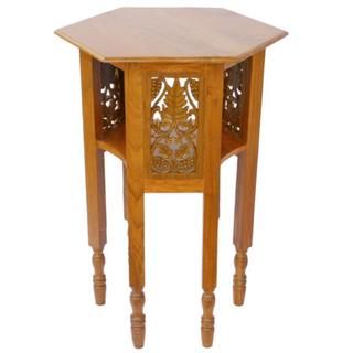 EXP Natural Teak Wood End table with Carved Wood Panels