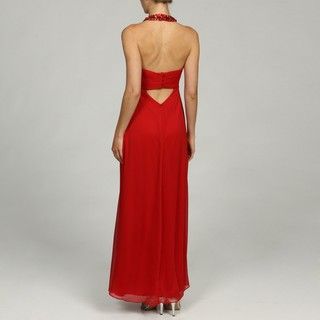 Ignite Evenings Womens Red Beaded Jewel Halter Gown