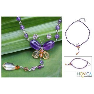 Stainless Steel Butterfly Amethyst Citrine Necklace (Thailand