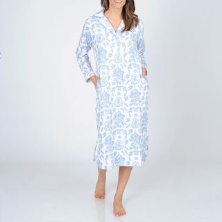 La Cera Womens Blue Floral Print Flannel Nightgown