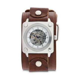 Nemesis Mens Brown SQ Mechanical Wide Leather Band Watch