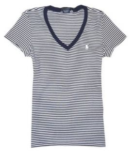 Ralph Lauren Sport V neck Striped T shirt (M, Navy/white