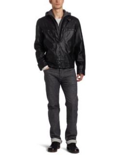 Calvin Klein Mens Faux Leather Moto With Hoodie, Black