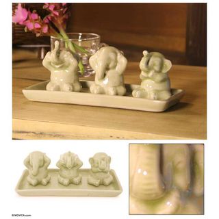 Set of 3 Celadon Ceramic Elephant Life Lessons Figurines (Thailand