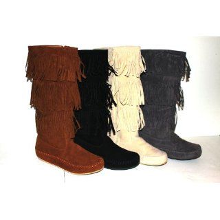 Womens Faux Suede Moccasin Fringe Mid Calf Boots in Black, Camel