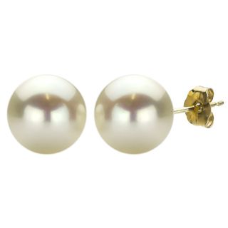 DaVonna 14k Yellow Gold White FW Pearl Stud Earrings (10 11 mm