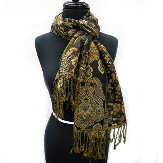 Coffee Brown Tapestry Style Fashion Scarf with Golden Highlights