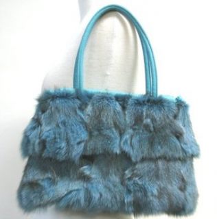 Fox Fur Leather Trimmed Purse Handbag Turquoise Aqua Blue