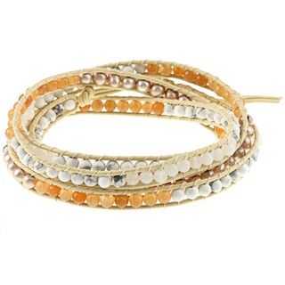 Tan Leather White FW Pearl and Faux Stone Bracelet (4 mm)
