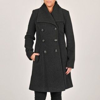Larry Levine Charcoal Double Breasted Wing Collar Wool Coat
