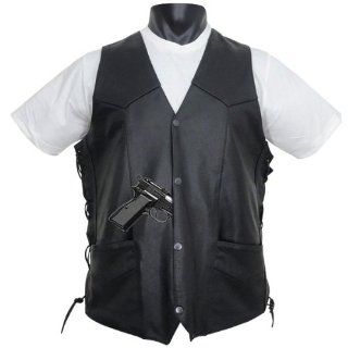 Tall Size Mens Leather Motorcycle Vest with Side Laces and Gun
