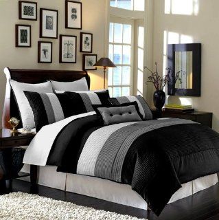 8 Pieces Black White Grey Luxury Stripe Comforter (104x92